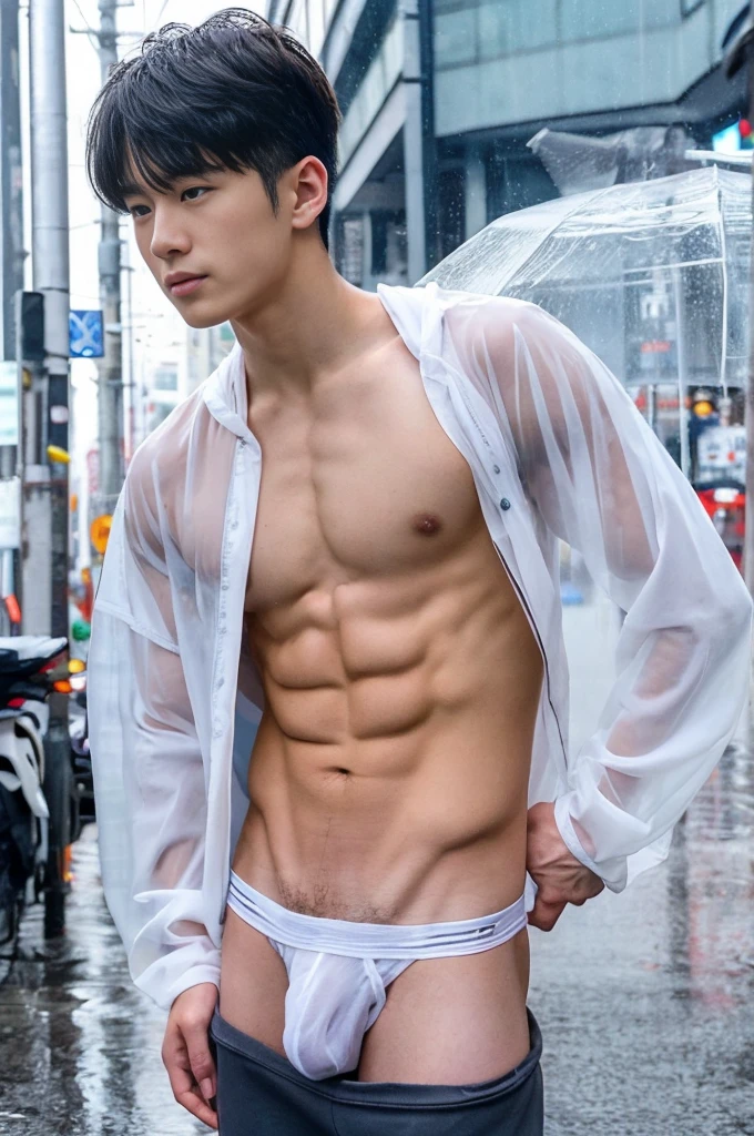 Handsome Asian boy, boy , handsome Korean face, neat muscular, transparent raincoat, white micro thong with big bulge, showing abs, rainy day, very wet body, very hairy armpits, sit on the bussy street