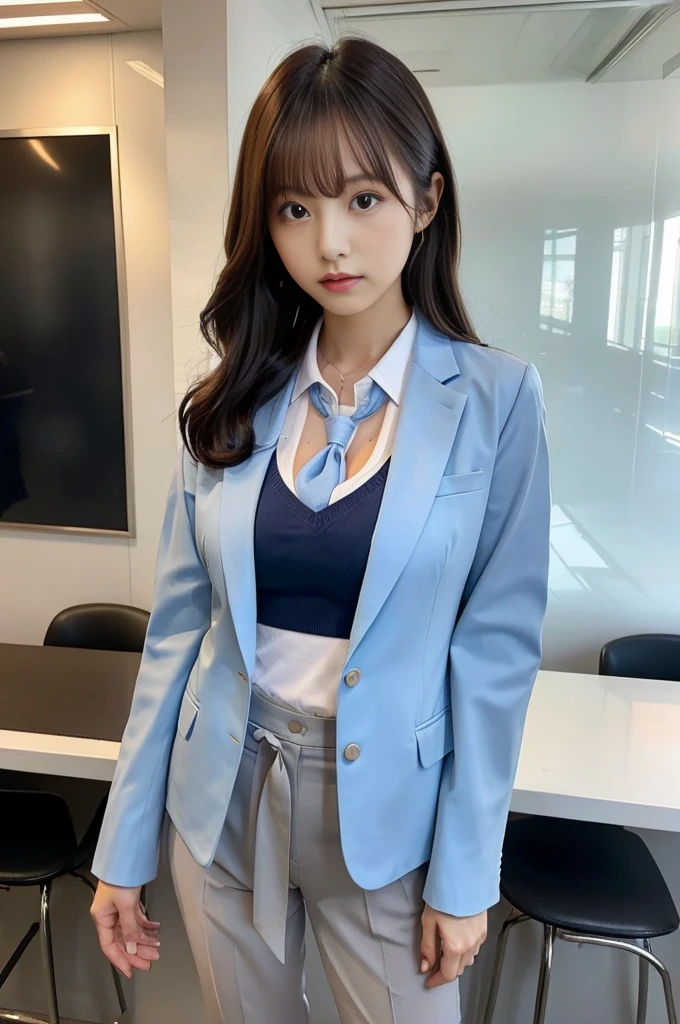 Wearing a light blue jacket、Which white shirt、No tie、I don't wear a tie、Her shirt is unbuttoned and her white bra is visible.