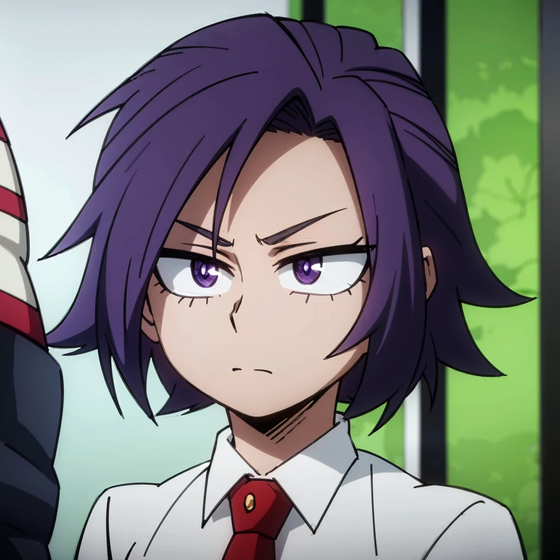 1boy, male focus, solo, muscular body, short hair, purple hair, amethyst eyes, gray jacket, red tie, white shirt, teal pants, mlparia, MHA Style, Manhwa style, anime style, perfect eyes, perfect face, model face, boy