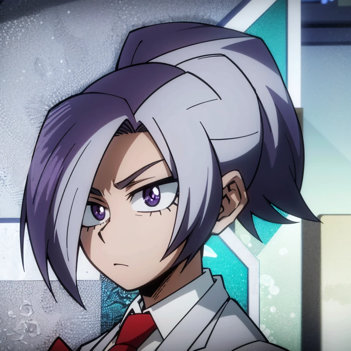 1boy, male focus, solo, muscular body, short hair, purple hair, amethyst eyes, gray jacket, red tie, white shirt, teal pants, mlparia, MHA Style, Manhwa style, anime style, perfect eyes, perfect face, model face, boy