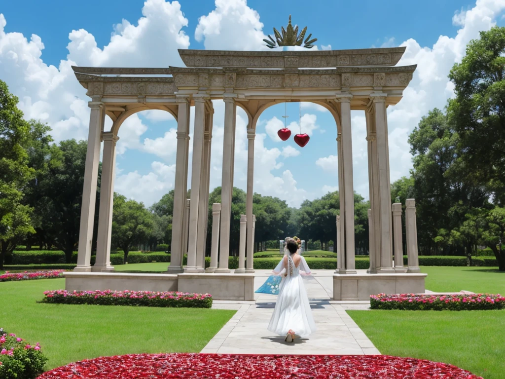 Open the dimensional gate where Cupid stands, Surrounded by floating 3D hearts and roses, Lovers、Twin Ray、Twin Flame、universe、Star、流れStar、like、lover、Couple、Healing space、Men and women

