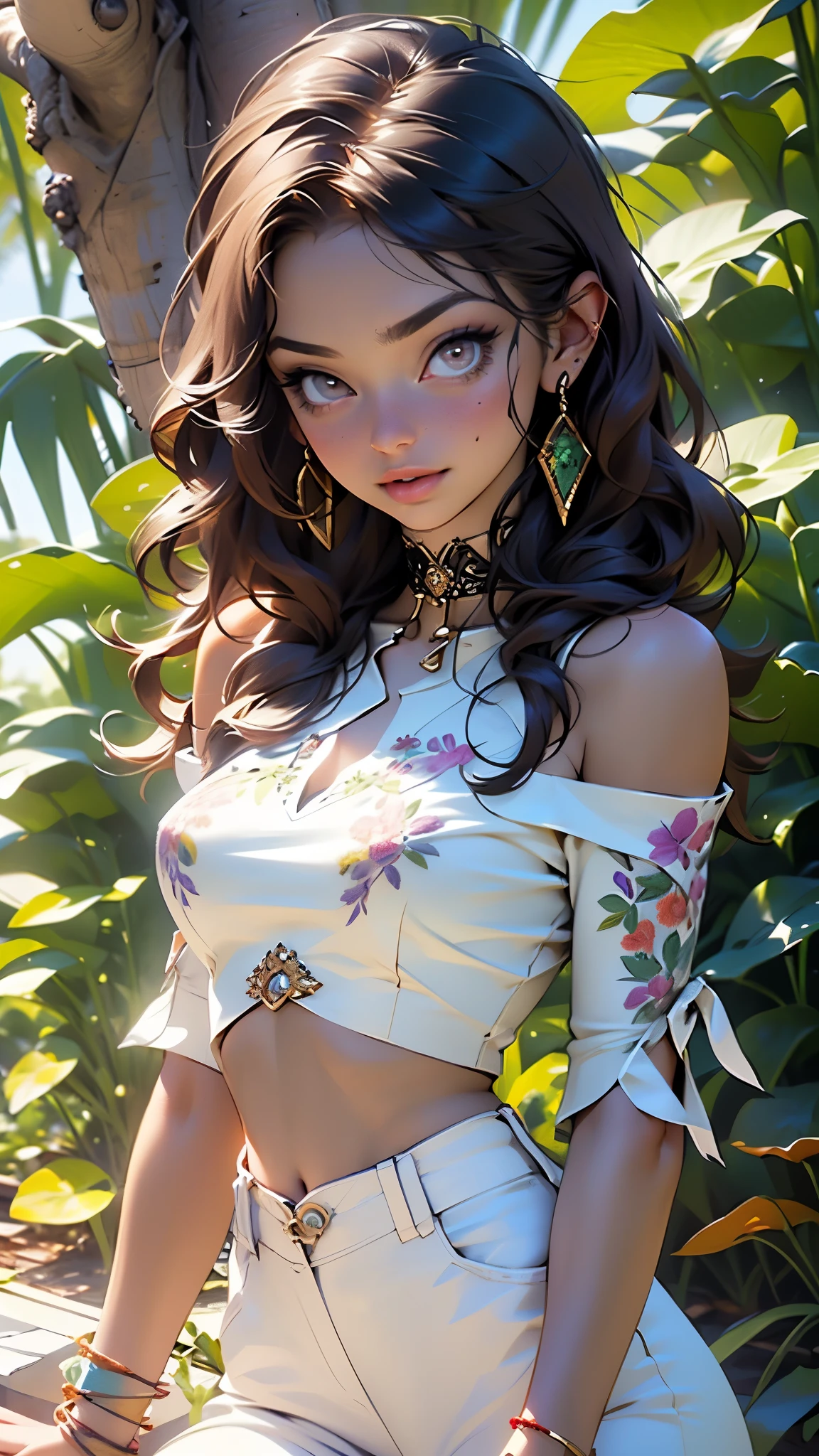 jasmine,malicious jasmine,1girl,

(large breasts:1.4),((((Very long black hair tied at the end,black hair)))),(((brown_eyes:1.3))),intricate eyes,beautiful detailed eyes,symmetrical eyes,((((lustrous skin:1.5,tanned skin,bright skin: 1.5,skin tanned,shiny skin,very shiny skin,shiny body,Reflective skin)))),(spider lower abdomen,narrow waist,wide hip,athletic body,inflated legs,thick thighs,(detailed face)),beautiful detailed lips,((beautiful face)),

cute,slutty,sensual,seductive look,seductive,((erotic)),opulent,sumptuous,((nsfw)),

((wears short purple blouse and long wide transparent:1.2 arabic pants)),((choker, head band, earrings:.1.5, bracelets)),crop top, makeup, ((opened off-shoulder shirt, showing breast, navel,bare shoulders)), jewelry, midriff,  necklace, off shoulder, bracelet, see-through, white flower, gem, ((off-shoulder shirt)), arabian clothes,(((purple clothes,intricate outfit,embroidered outfit,ornate outfit,intricate cloth,embroidered cloth,ornate cloth))),

(flirtatious pose:1.3), looking at viewer,embarrassed,centered,scale to fit dimensions,Rule of thirds,

outdoors,(Arab palace,Arab palace background,pyramids in the background),scenery,(oasis,oasis background),extremely scenery,(puddles everywhere,moss,moss on the background),clouds,Arab style,Arab castle,lily pads,palms,reeds,(sunset, golden hour),

(Glossy Arab ornaments),highres,sharp focus,(ultra detailed,extremely detailed),(photorealistic artwork:1.37),(extremely detailed CG unity 8k wallpaper),(((vibrant colors,vibrant theme))),(intricate),(masterpiece),(best quality),artistic photography,(photography taken by sldr),(intricate background),perfect rendered face,perfect face details,realistic face,photo realistic,((intricate detail)),(((realism))),
