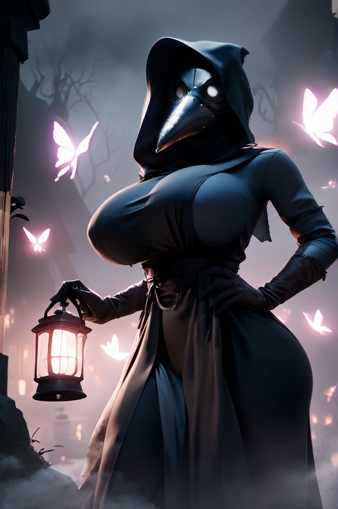 plague doctor, 1girl, solo, hood, mask, gloves, faceless, plague doctor mask, pelvic curtain, gigantic breasts, wide hips, , tall, looking at viewer, solid eyes, athletic, dark victorian town outdoors, fog, mist, lantern, glowing butterflies, volumetric lighting, best quality, masterpiece, realistic 