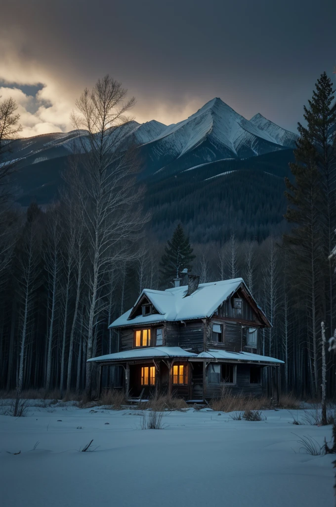 (an abandoned forest in the background and an abandoned house in a cold and dark atmosphere)
