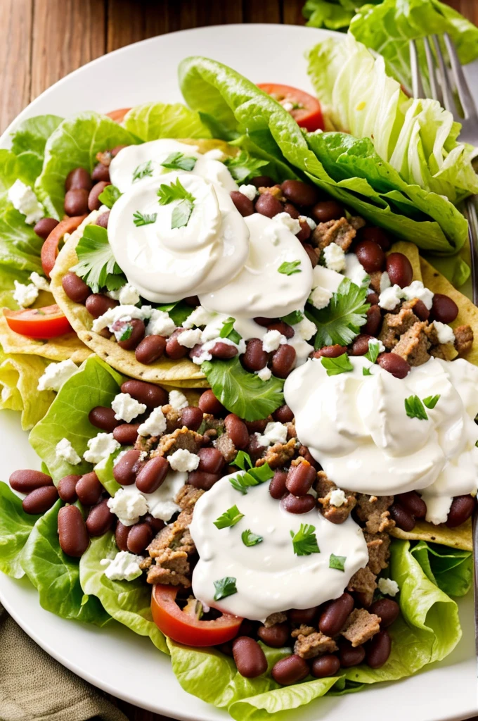 Thick tortillas covered with beans, meat, lettuce, cream and cheese.