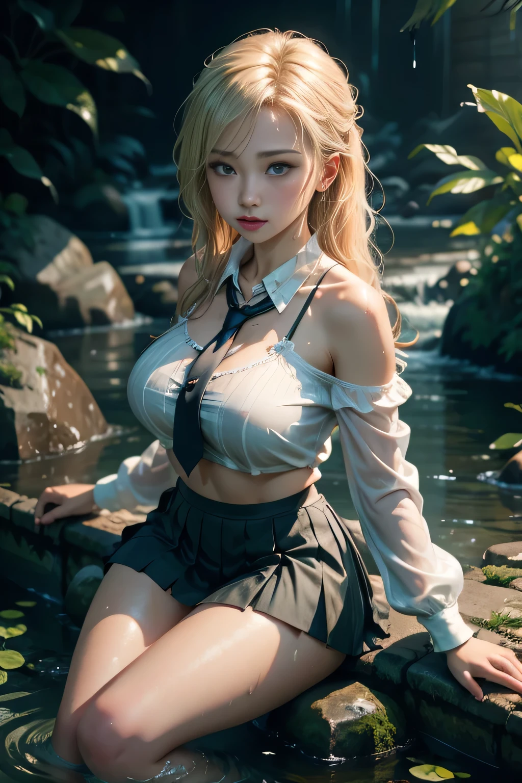 sfw, 18 yo woman in a is sitting in the water, long sleeves, cardigan, (tie), ((pleated skirt)), closeup water , beautiful maiden, wearing a skirt made of water, cleavage, realistic, dripping wet, in water up to her shoulders, beautiful realistic painting, nymph in the water, hyperrealist portrait in a river, hyperrealistic fantasy art, splashing, realistic fantasy painting, cute shot, narrow depth of field, 8k, ((drenched)), ((soaked)), (dripping water), dripping oil, heavy clothes, soaked , wet all over, rouge lipstick, wet dripping hair, blonde hair, wearing bra,((skinny waist)), young asian girl, ((big breasted)),