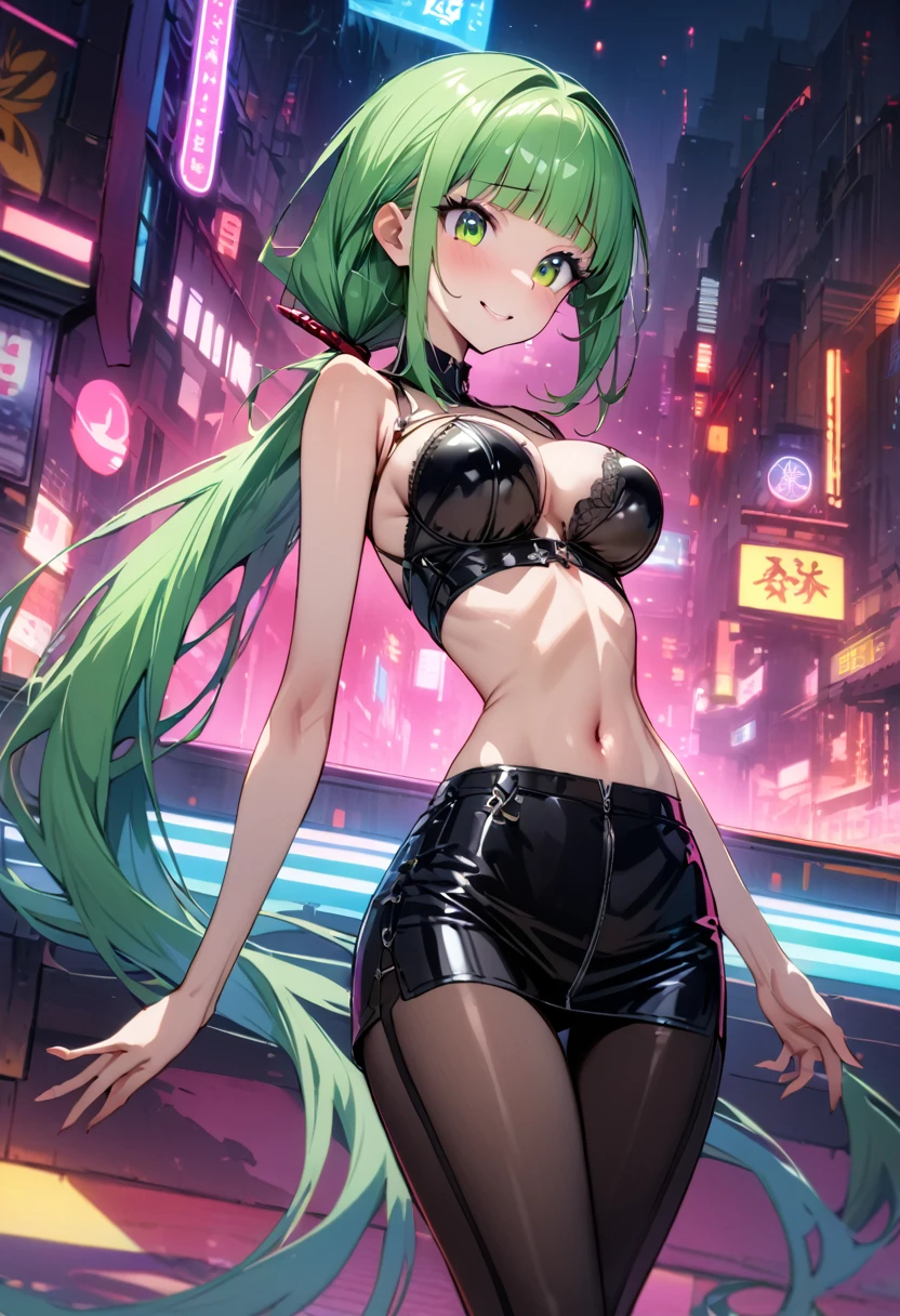 ((masterpiece,Highest quality:1.3)),cowboy shot,1woman,30 year old beauty,独奏,((very small head:1.3)),green hair,(low ponytail),long hair,blunt bangs,green eyes,gorgeous eyes,shy,smile,medium breasts,((very long body:1.2)),((toned body,slender body,skinny)),gleaming skin,shiny skin,(leather coat、Leather bra、navel、Tight Skirt)、barefoot、standing,Metropolis、neon、cyber punk、World of Blade Runner、