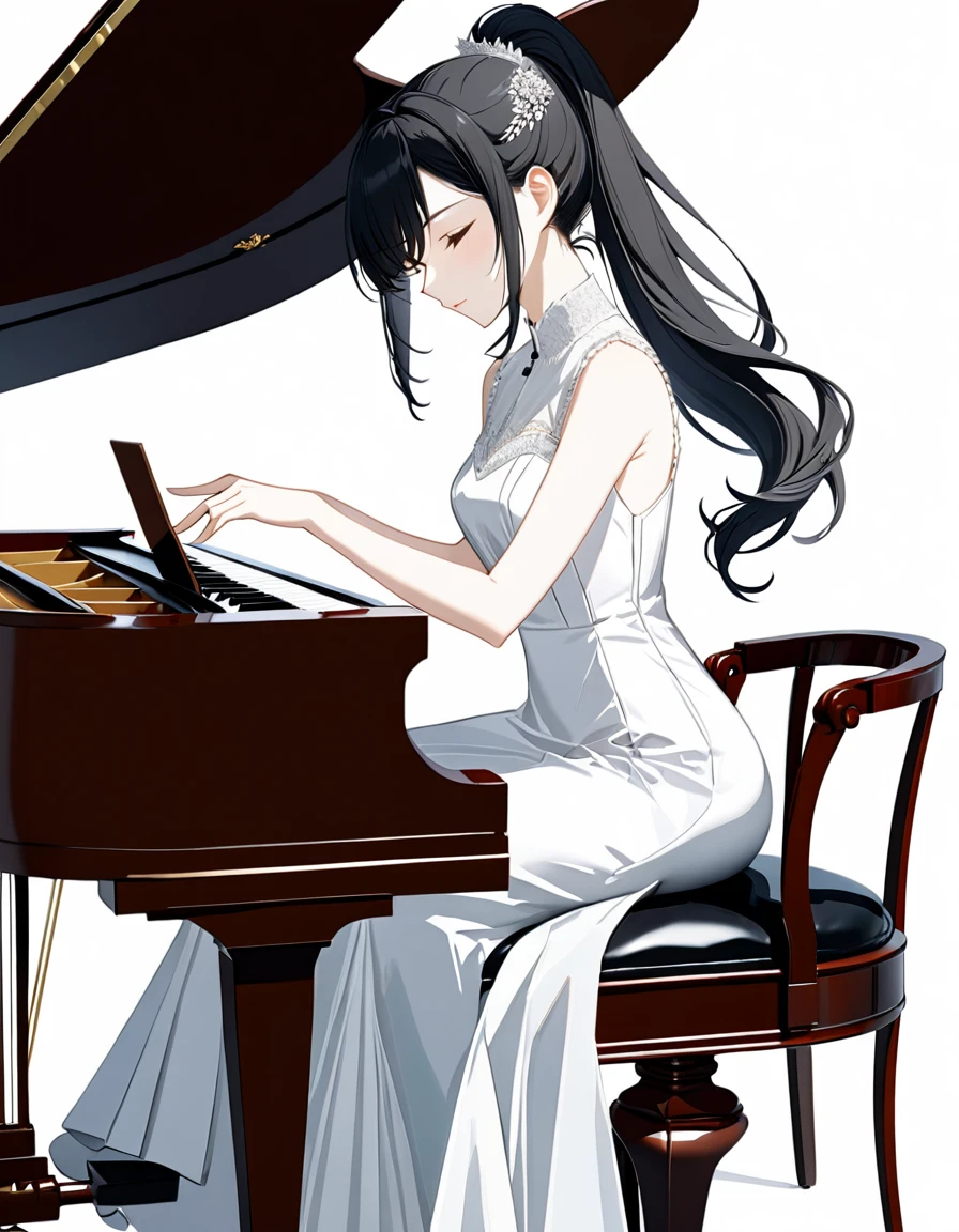 (((White background:1.5)))、(very wide shot)、(masterpiece、Ultra HD、Highest quality、Masterpiece、4K:1.2)、Slender body、Playing the piano,Idol, Intricate details, Highly detailed fingers、Black hair ponytail、White elegant dress, Intricate details、Sitting in a chair、(close eyes)