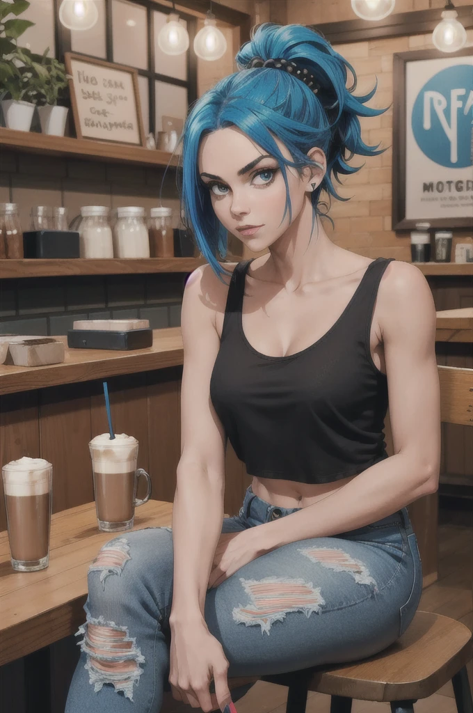 "Full body shot of a girl with blue hair, styled in a bold and edgy fashion. She’s in a trendy coffee shop, casually seated at a wooden table with a latte in front of her. The background features the cozy, eclectic decor of the coffee shop, with warm lighting and quirky decorations. Black tank top, ripped skinny jeans, and bare veiny feet with blue nail polish. Bare shoulders, veiny shoulders. Her expression is confident and cool, reflecting her unique style and personality."