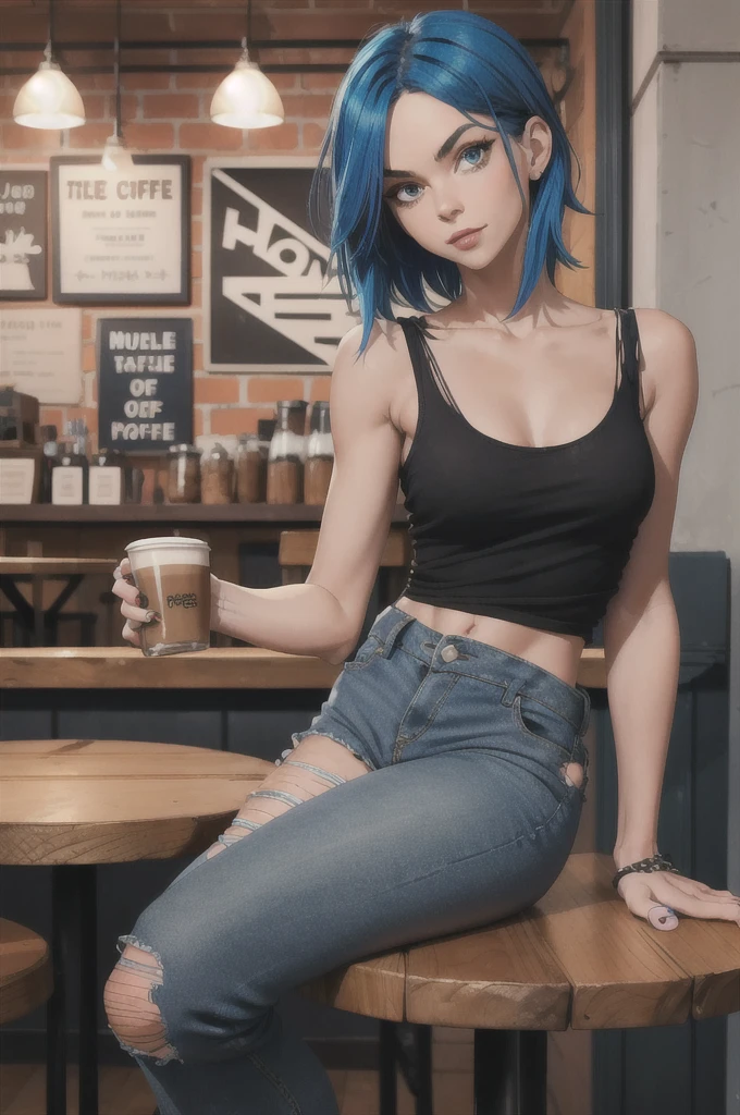 "Full body shot of a girl with blue hair, styled in a bold and edgy fashion. She’s in a trendy coffee shop, casually seated at a wooden table with a latte in front of her. The background features the cozy, eclectic decor of the coffee shop, with warm lighting and quirky decorations. Black tank top, ripped skinny jeans, and bare veiny feet with blue nail polish. Bare shoulders, veiny shoulders. Her expression is confident and cool, reflecting her unique style and personality."