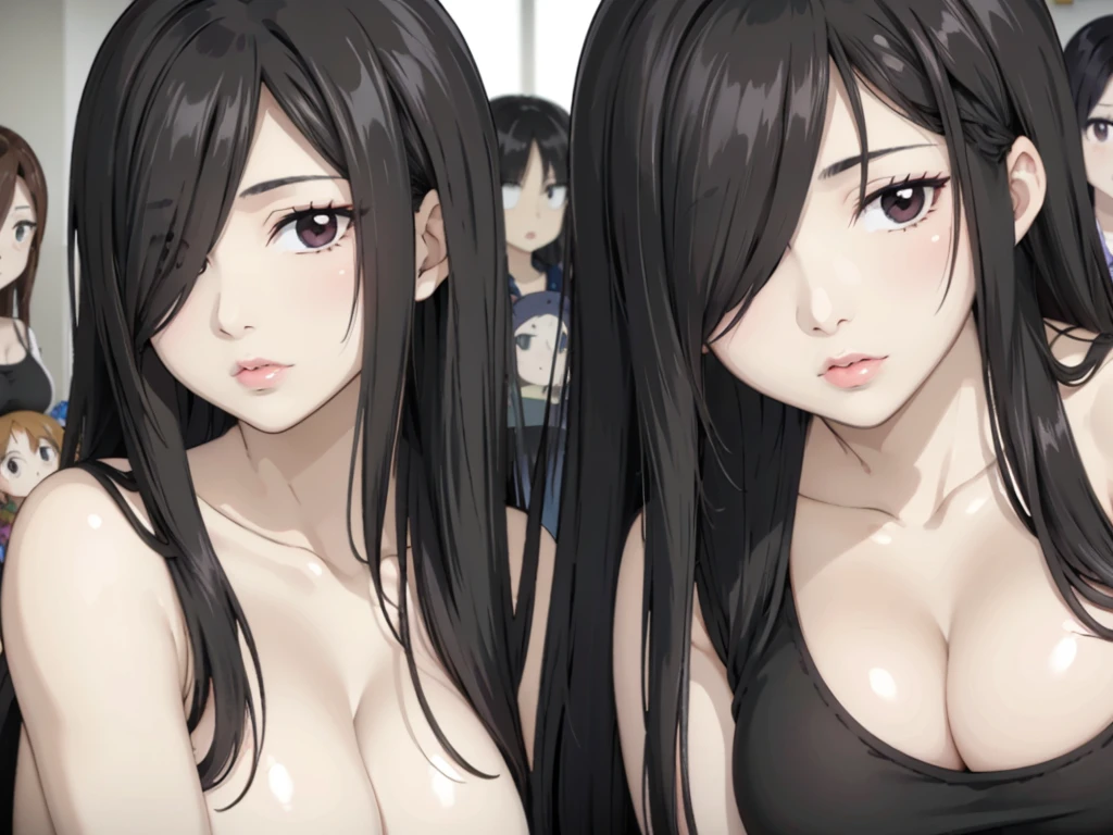 Mom with 4 daughters, mature women,realistic skin,perfect ,black hair, long hair, (hair over one eye:1.4), messy hair, hair between eyes, chubby,plump,fat, chubby cheek,Sexy lips, pucker lips