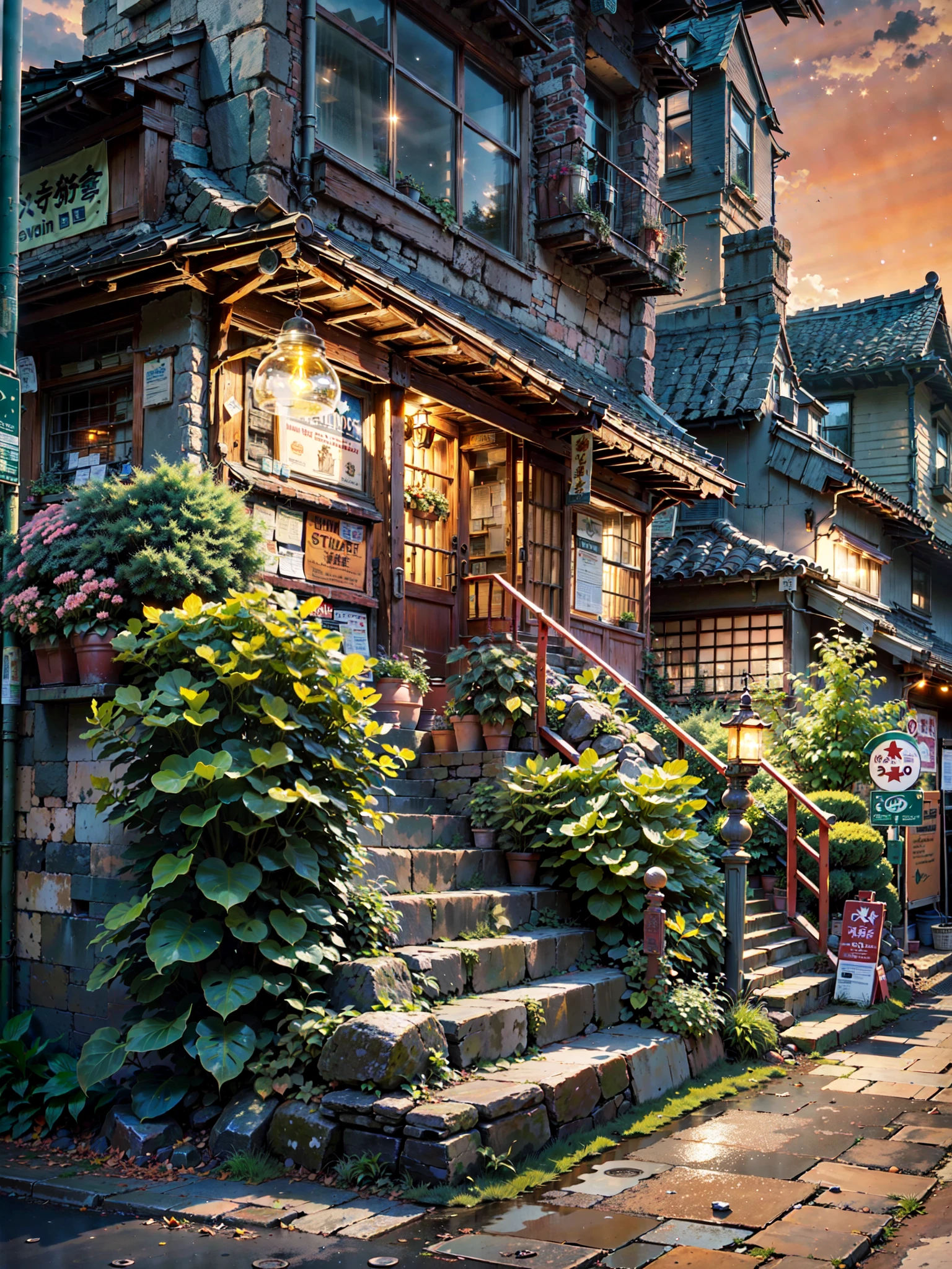 A picturesque street scene in a (quiet:1.3) Japanese town at (dusk:1.2), with a (vibrant:1.4) sky filled with (twinkling stars:1.3) and a (gradient sunset:1.2). On the left side, there's an (old:1.1) building with a (blue awning:1.2) and (illuminated:1.3) storefront signs, casting a (warm glow:1.4). The building features (detailed:1.3) textures with (visible wear and tear:1.2). Across from it, a (steep:1.2) set of (stone steps:1.2) leading up to more (quaint:1.2) buildings. The steps are lined with (overgrown plants:1.2) and (vintage:1.1) street lamps casting a (soft light:1.3). The scene is enhanced by (vivid colors:1.3) and (intricate details:1.2), creating an (atmospheric:1.4) and (nostalgic:1.3) feel. (No people:1.6) are present, maintaining a serene and (undisturbed:1.2) ambiance.