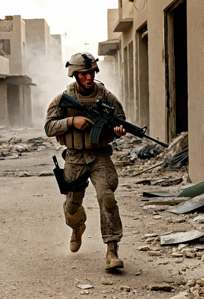 A highly detailed photo of a group of US Marines engaged in intense street fighting in the city of Fallujah, Iraq in 2004, meticulously capturing the chaos and intensity of a house-to-house battle, (best quality, 8k, hyperrealistic, masterpiece:1.2), ultra-detailed, (realistic, photorealistic, photo-realistic:1.37), cinematic lighting, gritty urban environment, dynamic poses, smoke and debris, tactical gear, intense expressions, advanced weapon systems, abandoned buildings, rubble-strewn streets, high contrast, dramatic shadows, muzzle flashes, war-torn landscape