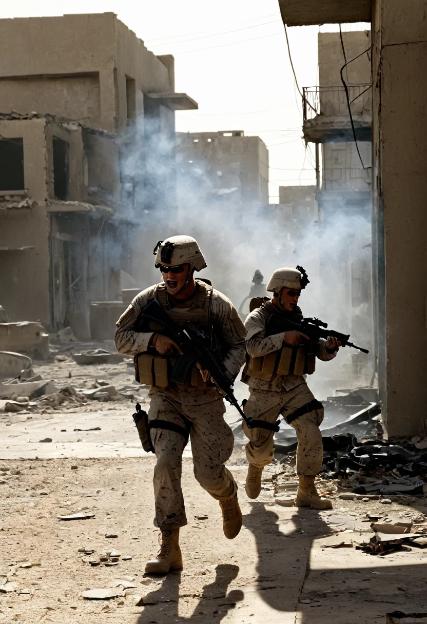 A highly detailed photo of a group of US Marines engaged in intense street fighting in the city of Fallujah, Iraq in 2004, meticulously capturing the chaos and intensity of a house-to-house battle, (best quality, 8k, hyperrealistic, masterpiece:1.2), ultra-detailed, (realistic, photorealistic, photo-realistic:1.37), cinematic lighting, gritty urban environment, dynamic poses, smoke and debris, tactical gear, intense expressions, advanced weapon systems, abandoned buildings, rubble-strewn streets, high contrast, dramatic shadows, muzzle flashes, war-torn landscape