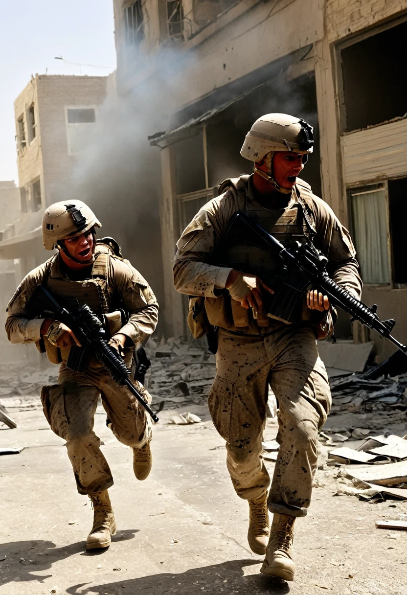 A highly detailed photo of a group of US Marines engaged in intense street fighting in the city of Fallujah, Iraq in 2004, meticulously capturing the chaos and intensity of a house-to-house battle, (best quality, 8k, hyperrealistic, masterpiece:1.2), ultra-detailed, (realistic, photorealistic, photo-realistic:1.37), cinematic lighting, gritty urban environment, dynamic poses, smoke and debris, tactical gear, intense expressions, advanced weapon systems, abandoned buildings, rubble-strewn streets, high contrast, dramatic shadows, muzzle flashes, war-torn landscape