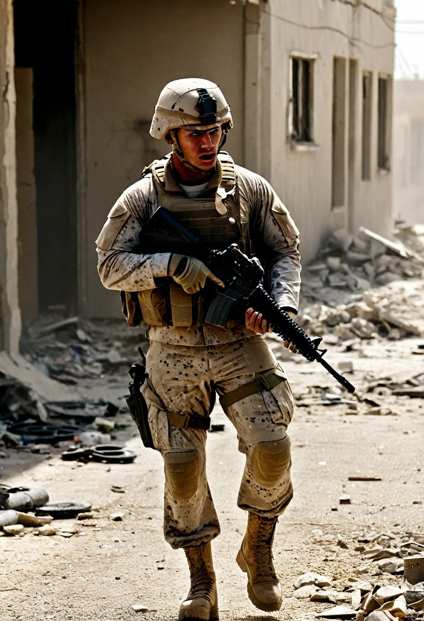 A highly detailed photo of a group of US Marines engaged in intense street fighting in the city of Fallujah, Iraq in 2004, meticulously capturing the chaos and intensity of a house-to-house battle, (best quality, 8k, hyperrealistic, masterpiece:1.2), ultra-detailed, (realistic, photorealistic, photo-realistic:1.37), cinematic lighting, gritty urban environment, dynamic poses, smoke and debris, tactical gear, intense expressions, advanced weapon systems, abandoned buildings, rubble-strewn streets, high contrast, dramatic shadows, muzzle flashes, war-torn landscape