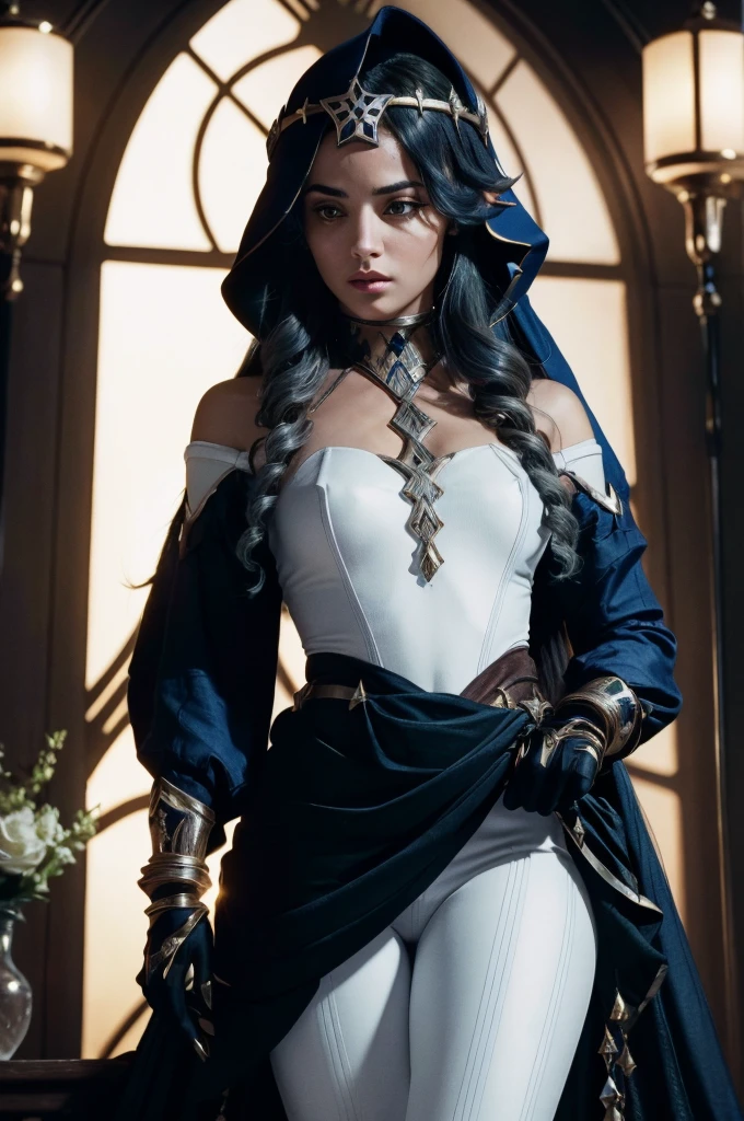 A young girl in realistic portrait of high quality and detail, Layla (Genshin Impact), 2000's movie style, persian girl, full-length, dark and mysterious atmosphere, pale skin, glow, eye shadow, 1girl, thriller fantasy, Depth & Perspective, sadness on her face, She has long dark blue hair with curls, amber eyes, pointed ears, Mystical powers, fine face, She's stands in the library in the Middle Eastern style, indoors, She is wearing white tight leggings, gold high-heeled shoes, a blue hood, black gloves with metal inserts and a black cape on her shoulders. blue sky, white cloud, looking at viewer, (ultra-high detail:1.2), Masterpiece, Best Quality, Ultra-detailed, Cinematic lighting, 8K, delicate features, cinematic, 35 mm lens, f/1.9, highlight lighting, global lighting –uplight –v 4, cinematic, intense gaze, Cinematic lighting, 8K, high quality, Highest Quality, (Solo Focus), (extremly intricate:1.3), (Realistic), dramatic, masterful, Analog style, (Film grain:1.5), (warm hue, cold tone), behind back