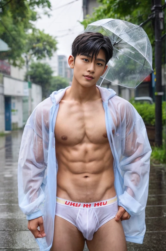 Handsome Asian boy, boy , handsome Korean face, neat muscular, transparent raincoat, white micro thong with big bulge, showing abs, rainy day, very wet body, very hairy armpits, siting on the bussy street