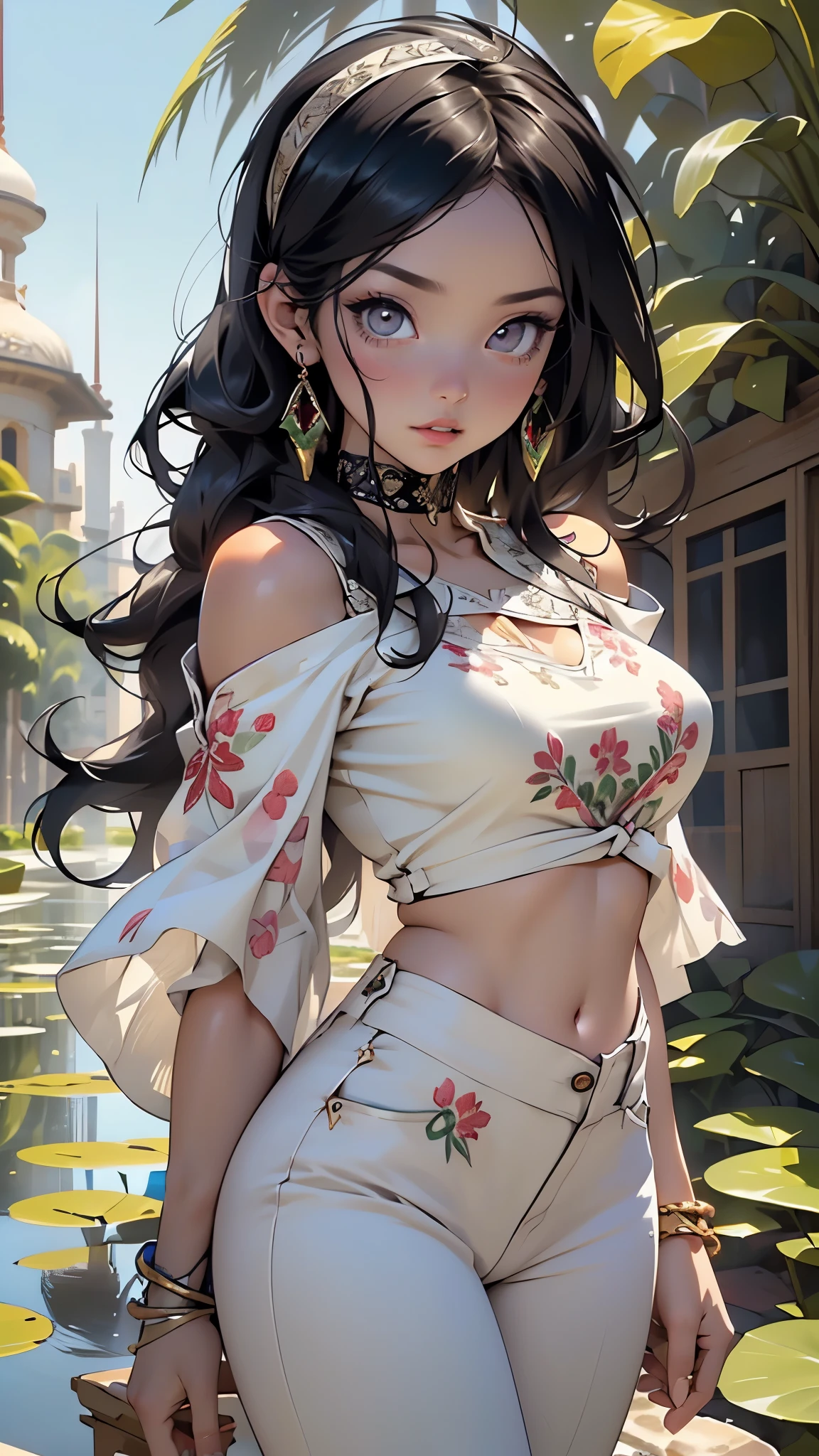 jasmine,malicious jasmine,1girl,
(large breasts:1.4),((((Very long black hair tied at the end,black hair)))),(((brown_eyes:1.3))),intricate eyes,beautiful detailed eyes,symmetrical eyes,((((lustrous skin:1.5,tanned skin,bright skin: 1.5,skin tanned,shiny skin,very shiny skin,shiny body,Reflective skin)))),(spider lower abdomen,narrow waist,wide hip,athletic body,inflated legs,thick thighs,(detailed face)),beautiful detailed lips,((beautiful face)),
cute,slutty,sensual,seductive look,seductive,((erotic)),opulent,sumptuous,((nsfw)),
((wears short purple blouse and long wide transparent:1.2 arabic pants)),((choker, head band, earrings:.1.5, bracelets)),crop top, makeup, ((opened off-shoulder shirt, showing breast, navel,bare shoulders)), jewelry, midriff, necklace, off shoulder, bracelet, see-through, white flower, gem, ((off-shoulder shirt)), arabian clothes,(((purple clothes,intricate outfit,embroidered outfit,ornate outfit,intricate cloth,embroidered cloth,ornate cloth))),
(flirtatious pose:1.3), looking at viewer,embarrassed,centered,scale to fit dimensions,Rule of thirds,
outdoors,(Arab palace,Arab palace background,pyramids in the background),scenery,(oasis,oasis background),extremely scenery,(puddles everywhere,moss,moss on the background),clouds,Arab style,Arab castle,lily pads,palms,reeds,(sunset, golden hour),
(Glossy Arab ornaments),highres,sharp focus,(ultra detailed,extremely detailed),(photorealistic artwork:1.37),(extremely detailed CG unity 8k wallpaper),(((vibrant colors,vibrant theme))),(intricate),(masterpiece),(best quality),artistic photography,(photography taken by sldr),(intricate background),perfect rendered face,perfect face details,realistic face,photo realistic,((intricate detail)),(((realism))),