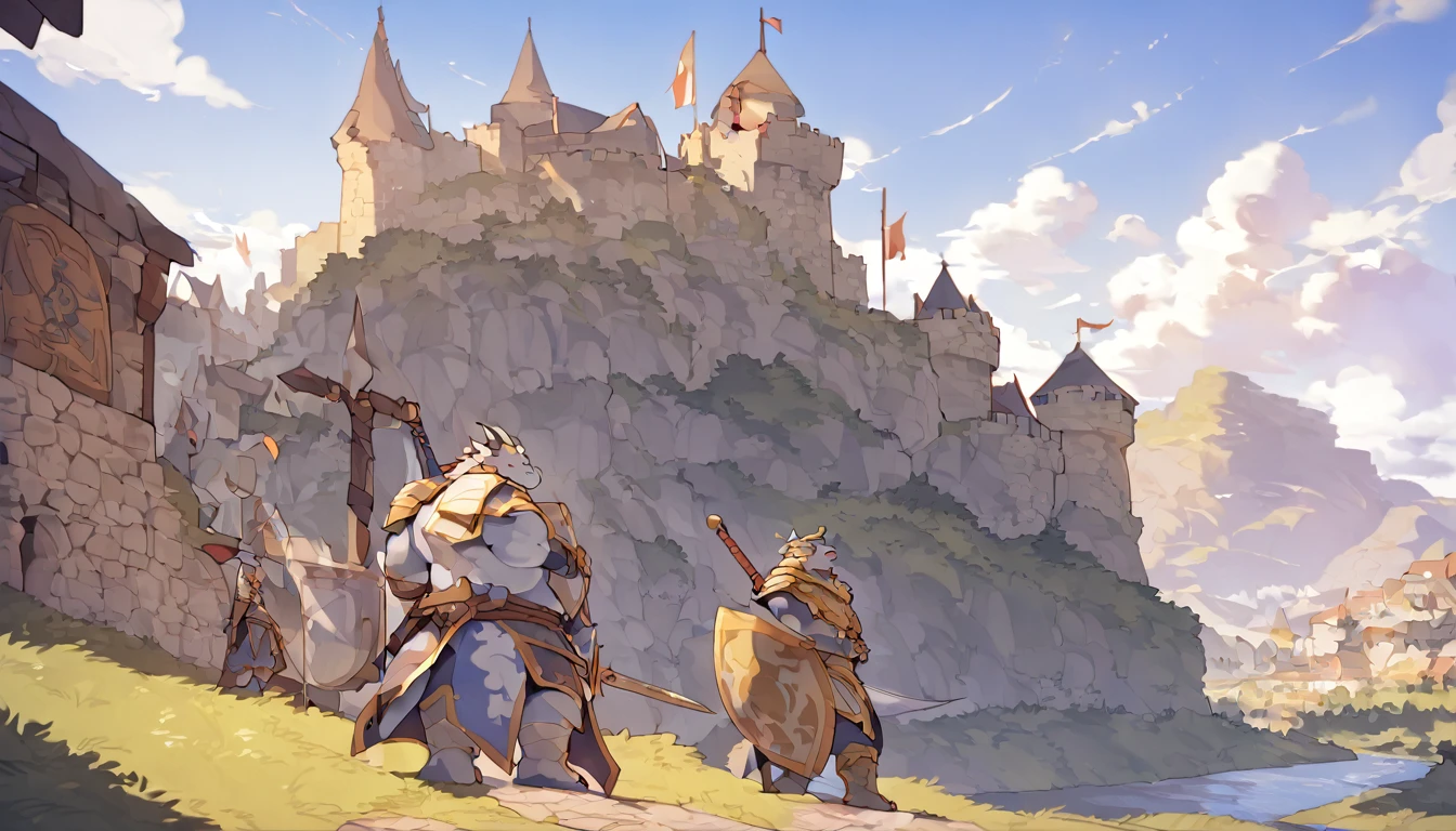 Dragon, male, adult, focused, furry anime,fat, chubby,paladin,Experienced ,wearing Medieval adventure equipment ,Topless ,A heavy greatsword on the back, heavy Shield, medieval times,anthro,doujin,yaoi,fantasy,isekai, adventure,Three point perspective, landscape, 16:9 , by quanjiang