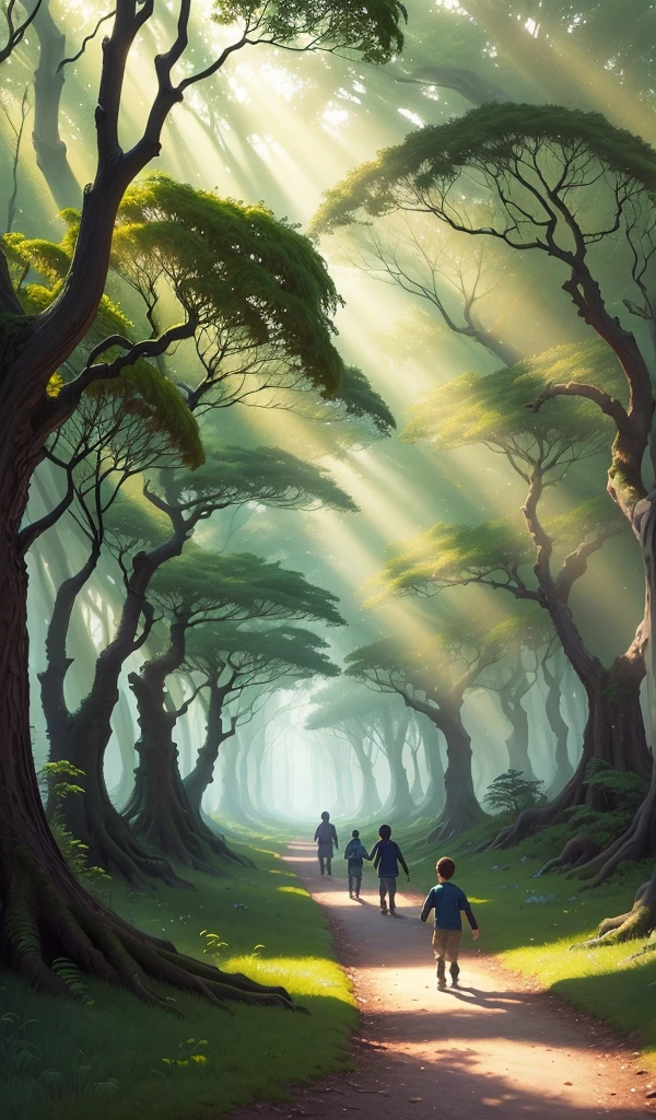 (anime, digital paint, enchanted forest background, vibrant colors, sunlight filtering through trees, happy children walking hand in hand on a mossy path, dense foliage all around, sense of wonder and adventure)