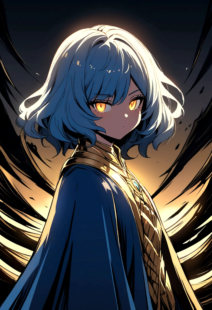 Blue medium length hair with golden eyes girl.as a small eye linear and Helluva boss art style