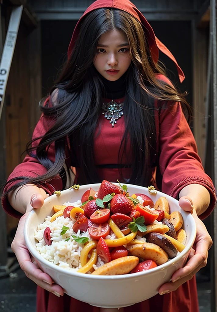 photorealistic, real girl , ((1 girl)), ((ultra-realistic)), gloss, 8k, detailed face, woman wear, red kuntilanak, with red wedding dress transparent, showing seblak food bowl