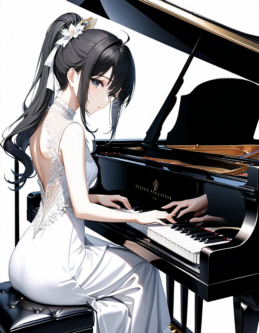 (((White background:1.5)))、(very wide shot)、(masterpiece、Ultra HD、Highest quality、Masterpiece、４K:1.2)、Slender body、Playing the piano,Idol,The elegant pianist、  Intricate details, Highly detailed eyes, Highly detailed fingers、Black hair ponytail、White elegant dress, Intricate details、Sitting in a chair、(close eyes)
