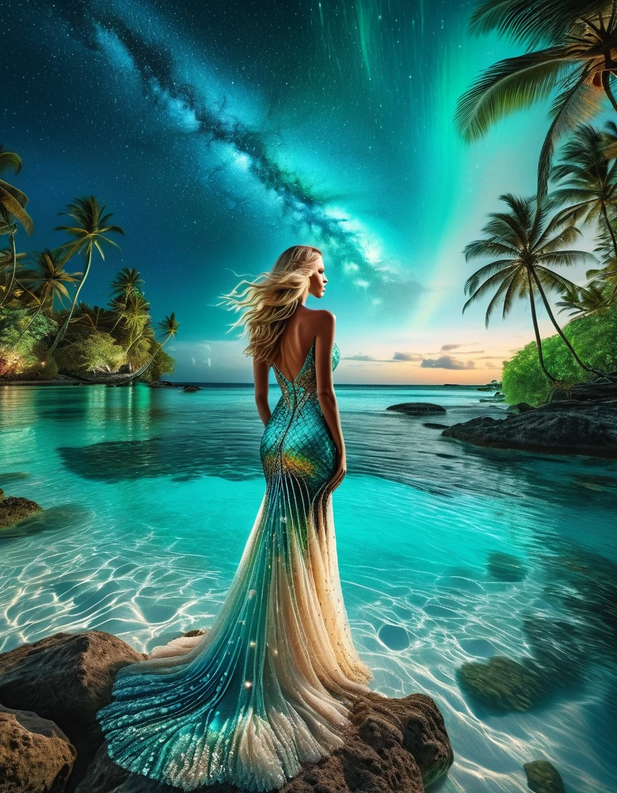 At night, by moonlight, a view from a high vantage point from a turquoise blue lagoon stretching towards the horizon, on the left beach lined with coconut palms, (under a crystal-clear turquoise blue lagoon with coral reefs and bioluminescent multicolor fish and aquatic fauna very detailed), small waves . In the sky, a majestic swirling galaxy forms a ((giant detailed blue eye)) in a starry sky, dotted with nebulae and cosmic dust. Vivid reflections of detailed blue eye and starry sky on the surface of the water. ((Along the shore, a blonde woman)) with long, flowing hair and a fluid ((transparent dress detailed) that seems to be made of ethereal) stands and contemplates the wonders of the universe. The water near the woman should be transparent, (revealing bioluminescent multicolor algae and marine life detailed). moon luminism, Fantastic Realism, complex background, (highly detailed intricated), Ultra Realistic, portrait, 8k resolution, hyper-realistic insanely detailed, magical photography effect, fantastical fantasy, trending on Artstation Unreal Engine 5, ink vivid stained, maximalism, expansive depth of field matte painting, dark simple uncluttered reflections,
