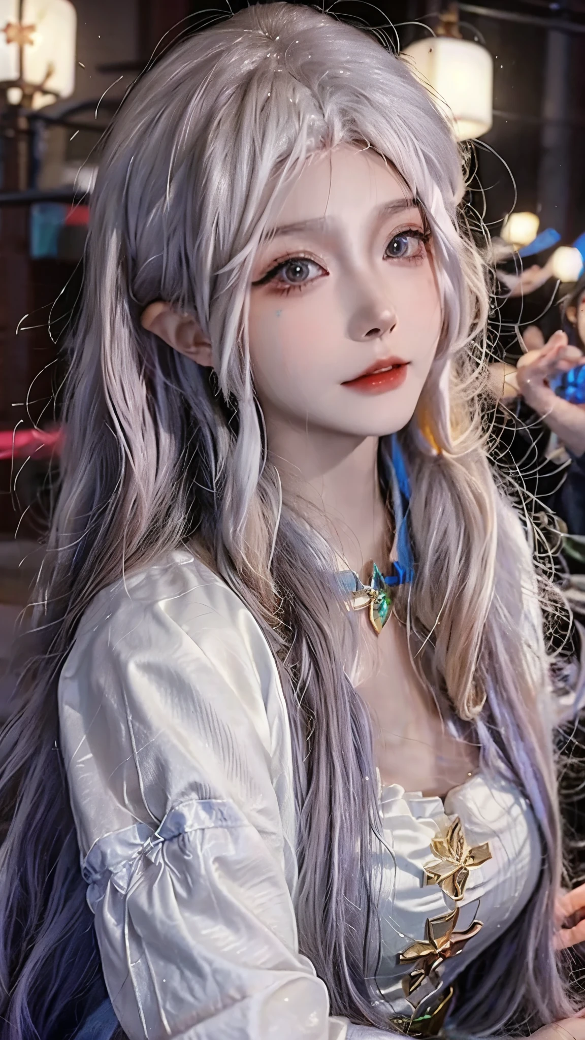 Close-up of a long-haired woman wearing a white sweater, Perfect white-haired girl, Attractive anime girl, Beautiful and attractive anime woman, Long white hair, Attractive anime girl, Beautiful anime girl, 有着Long white hair, Realistic young anime girl, White hair girl, White hair, Anime girls in real life, Beautiful anime woman, Realistic anime