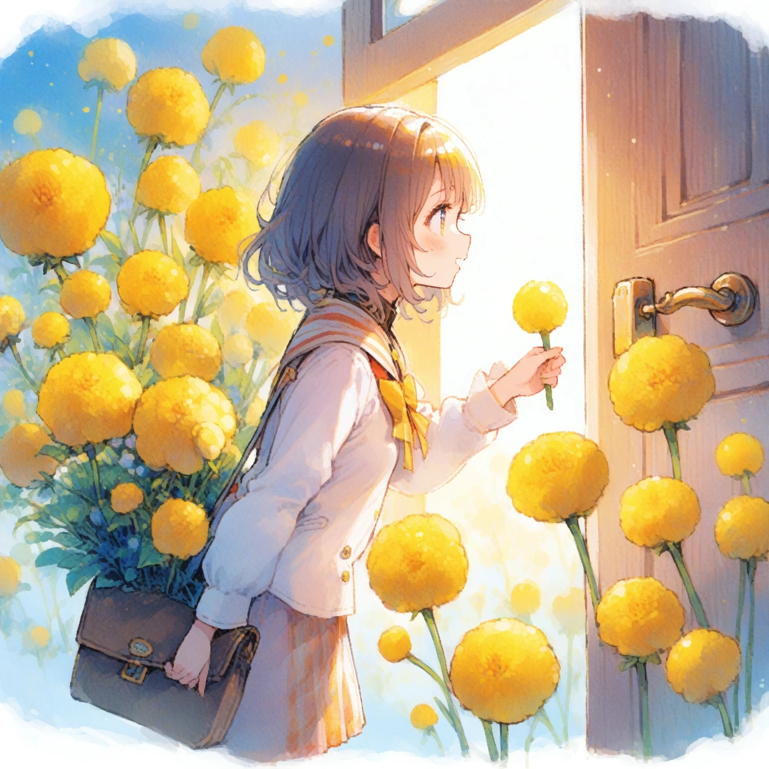 1girl、Craspedia globosa、「Eternal Happiness」「Knocking on the door of the heart」「Individuality」、tegaki