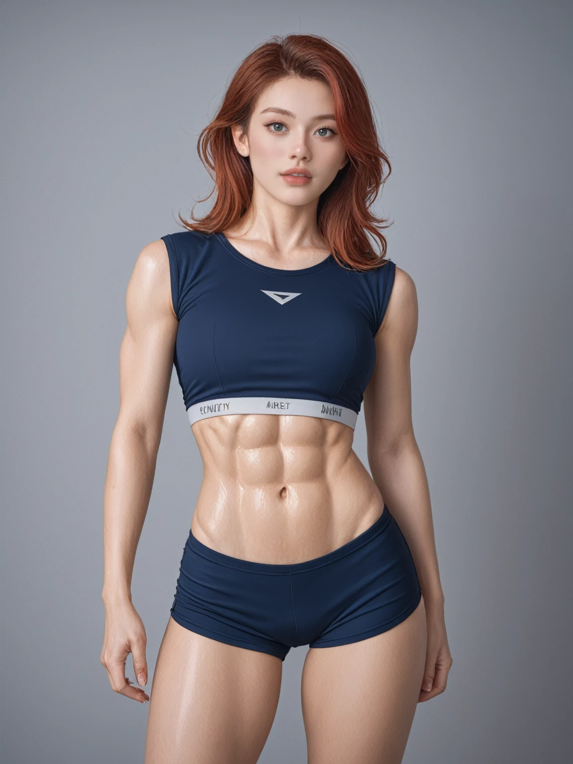 score_9, score_8_up, score_7_up, BREAK,
a woman in a wet suit posing for a picture, by Raymond Han, Artstation contest winner, crop shirt and strong abs, beautiful redhead woman, bra and shorts streetwear, extremely detailed photo, alexey egorov, the style of andreas rocha, bodybuilder superhero bikini, high detailed cartoon, her belly button is exposed, covered in oil, ross tran style