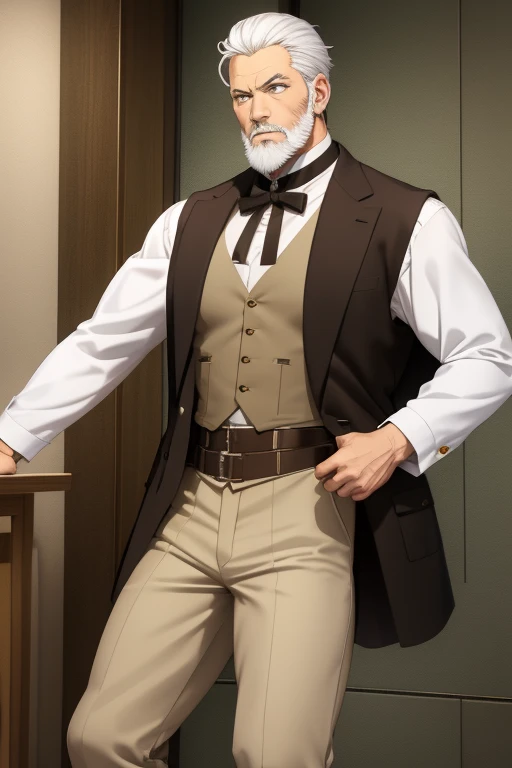 Goro Nomoru handsome man 40 years old white hair white beard muscular complexion slim light brown ranger uniform brown vest military print military pants