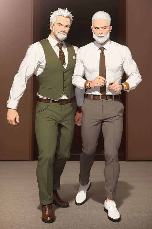 Goro Nomoru handsome man 40 years old white hair white beard muscular complexion slim light brown ranger uniform brown vest military print military pants