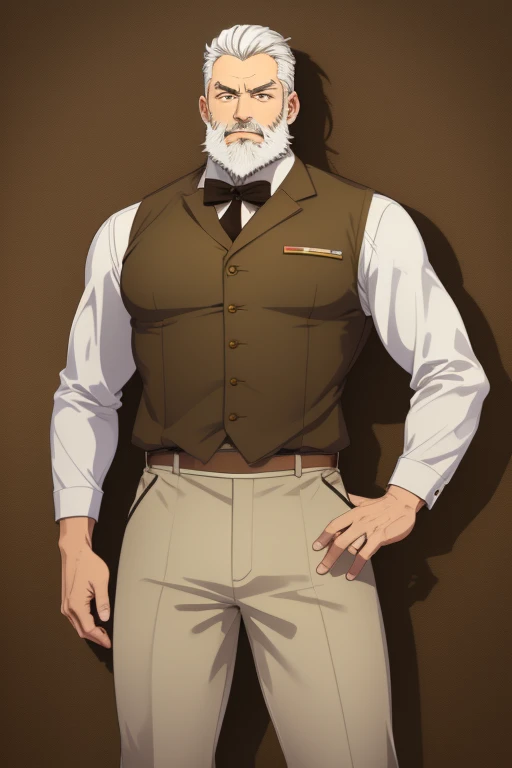 Goro Nomoru handsome man 40 years old white hair white beard muscular complexion slim light brown ranger uniform brown vest military print military pants