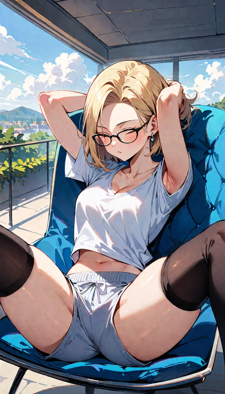 (masterpiece, best quality:1.2), solo, Android 18 from Dragon Ball, ((light gray baggy crop T-shirt, short sleeve, black thin thigh highs, spread legs, beautiful butt, gray dolphin pants)), small breasts, short blonde hair loose, ((close eyes)), (wearing glasses), earrings on earlobes, slender feminine figure, skinny body, cleavage, light blush, chill, organized, simple, white-based interior, a few plants, cloudy sky, terrace, magnificent view, blur background, 4K, on the cute chair, (pale blue chair), midriff-baring, beautiful armpits, pantyshot, arms up behind,