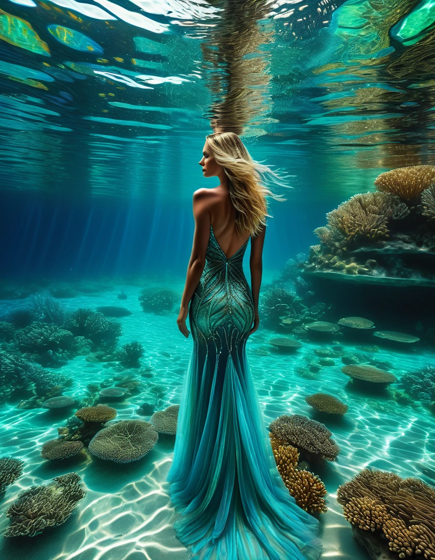 At night, by moonlight, a view from a high vantage point from a turquoise blue lagoon stretching towards the horizon, on the left beach lined with coconut palms, (under a crystal-clear turquoise blue lagoon with coral reefs and bioluminescent multicolor fish and aquatic fauna very detailed), small waves . In the sky, a majestic swirling galaxy forms a ((giant detailed blue eye)) in a starry sky, dotted with nebulae and cosmic dust. Vivid reflections of detailed blue eye and starry sky on the surface of the water. ((Along the shore, a blonde woman)) with long, flowing hair and a fluid ((transparent dress detailed) that seems to be made of ethereal) stands and contemplates the wonders of the universe. The water near the woman should be transparent, (revealing bioluminescent multicolor algae and marine life detailed). moon luminism, Fantastic Realism, complex background, (highly detailed intricated), Ultra Realistic, portrait, 8k resolution, hyper-realistic insanely detailed, magical photography effect, fantastical fantasy, trending on Artstation Unreal Engine 5, ink vivid stained, maximalism, expansive depth of field matte painting, dark simple uncluttered reflections,