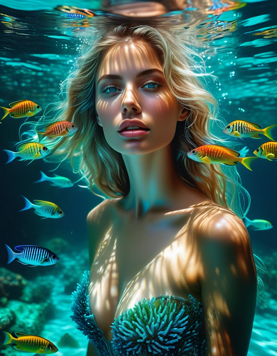 At night, by moonlight, a view from a high vantage point from a turquoise blue lagoon stretching towards the horizon, on the left beach lined with coconut palms, (under a crystal-clear turquoise blue lagoon with coral reefs and bioluminescent multicolor fish and aquatic fauna very detailed), small waves . In the sky, a majestic swirling galaxy forms a ((giant detailed blue eye)) in a starry sky, dotted with nebulae and cosmic dust. Vivid reflections of detailed blue eye and starry sky on the surface of the water. ((Along the shore, a blonde woman)) with long, flowing hair and a fluid ((transparent dress detailed) that seems to be made of ethereal) stands and contemplates the wonders of the universe. The water near the woman should be transparent, (revealing bioluminescent multicolor algae and marine life detailed). moon luminism, Fantastic Realism, complex background, (highly detailed intricated), Ultra Realistic, portrait, 8k resolution, hyper-realistic insanely detailed, magical photography effect, fantastical fantasy, trending on Artstation Unreal Engine 5, ink vivid stained, maximalism, expansive depth of field matte painting, dark simple uncluttered reflections,