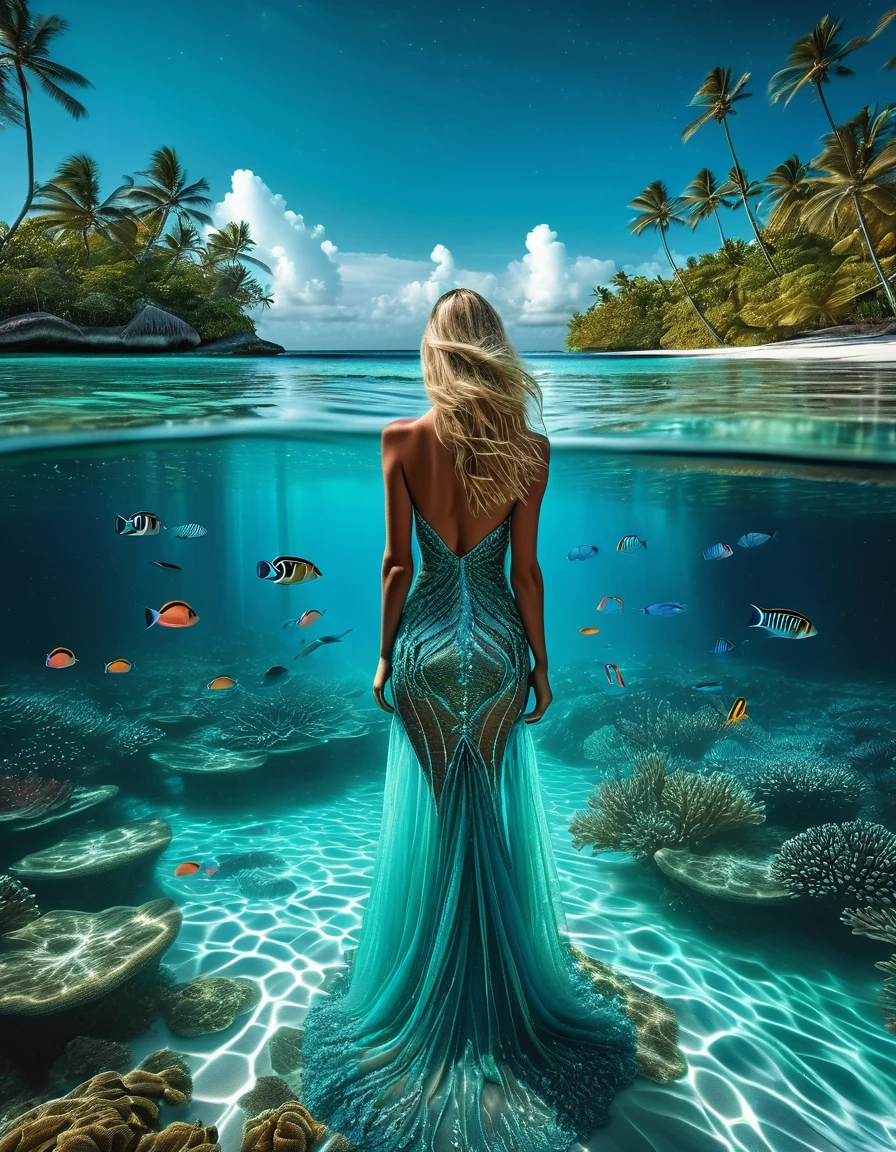 At night, by moonlight, a view from a high vantage point from a turquoise blue lagoon stretching towards the horizon, on the left beach lined with coconut palms, (under a crystal-clear turquoise blue lagoon with coral reefs and bioluminescent multicolor fish and aquatic fauna very detailed), small waves . In the sky, a majestic swirling galaxy forms a ((giant detailed blue eye)) in a starry sky, dotted with nebulae and cosmic dust. Vivid reflections of detailed blue eye and starry sky on the surface of the water. ((Along the shore, a blonde woman)) with long, flowing hair and a fluid ((transparent dress detailed) that seems to be made of ethereal) stands and contemplates the wonders of the universe. The water near the woman should be transparent, (revealing bioluminescent multicolor algae and marine life detailed). moon luminism, Fantastic Realism, complex background, (highly detailed intricated), Ultra Realistic, portrait, 8k resolution, hyper-realistic insanely detailed, magical photography effect, fantastical fantasy, trending on Artstation Unreal Engine 5, ink vivid stained, maximalism, expansive depth of field matte painting, dark simple uncluttered reflections,