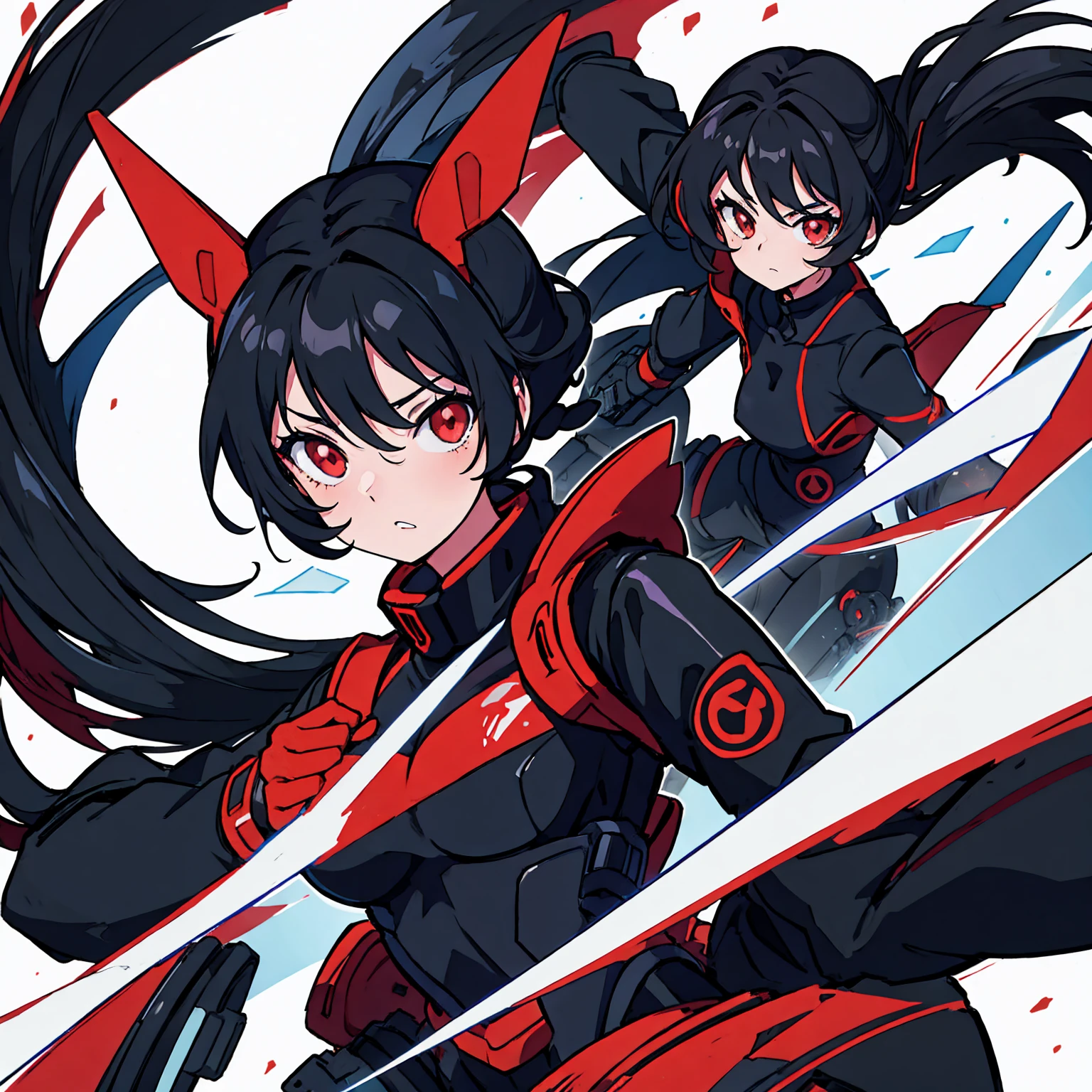 generic anime girl with black hair red eyes and black racing suit, clear background, character fitting in the image