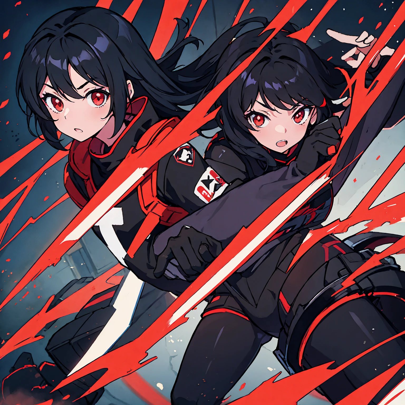 generic anime girl with black hair red eyes and black racing suit, clear background, character fitting in the image