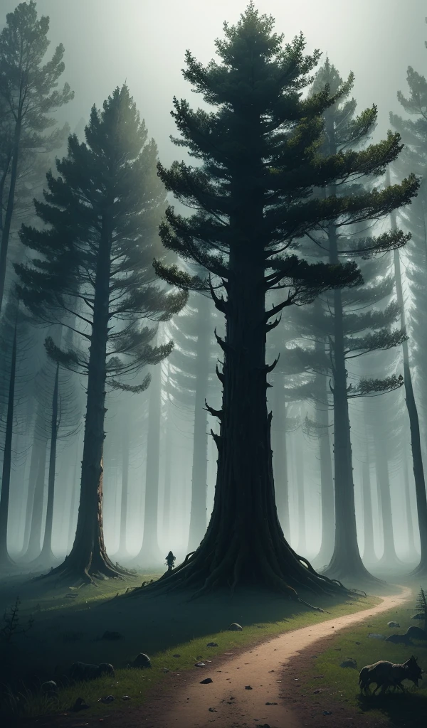 (anime, digital paint, deep forest, eerie atmosphere, the children lost, worried expressions, towering trees casting long shadows, fog creeping along the ground, feeling of isolation and fear)