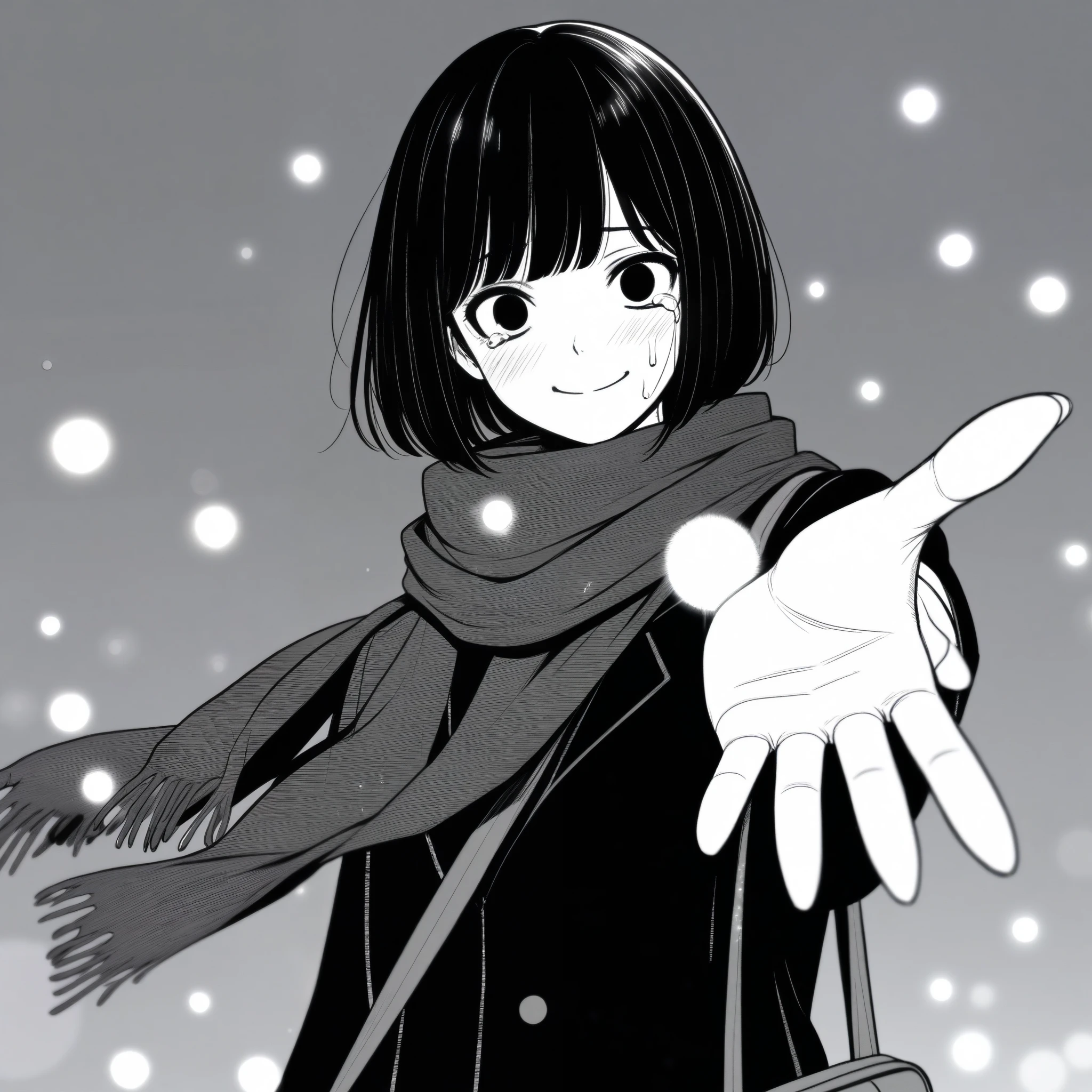 masterpiece, best quality, 1girl, mamerakkkkko, grayscale, manga style, japanese, chi no wadachi, black eyes, street, iced, black hair, schoolbag, smile, lineart, black coat, black scarf, black pleated skirt, leggins, centered, 30 years old:2, tall, fair skinned, bokeh background, crying, tears, tears streaming, bob cut, light particles, centered, snowing, (((reaching out left hand to viewer, perfect hand, detailed hand:1.1)), emotional anime scene