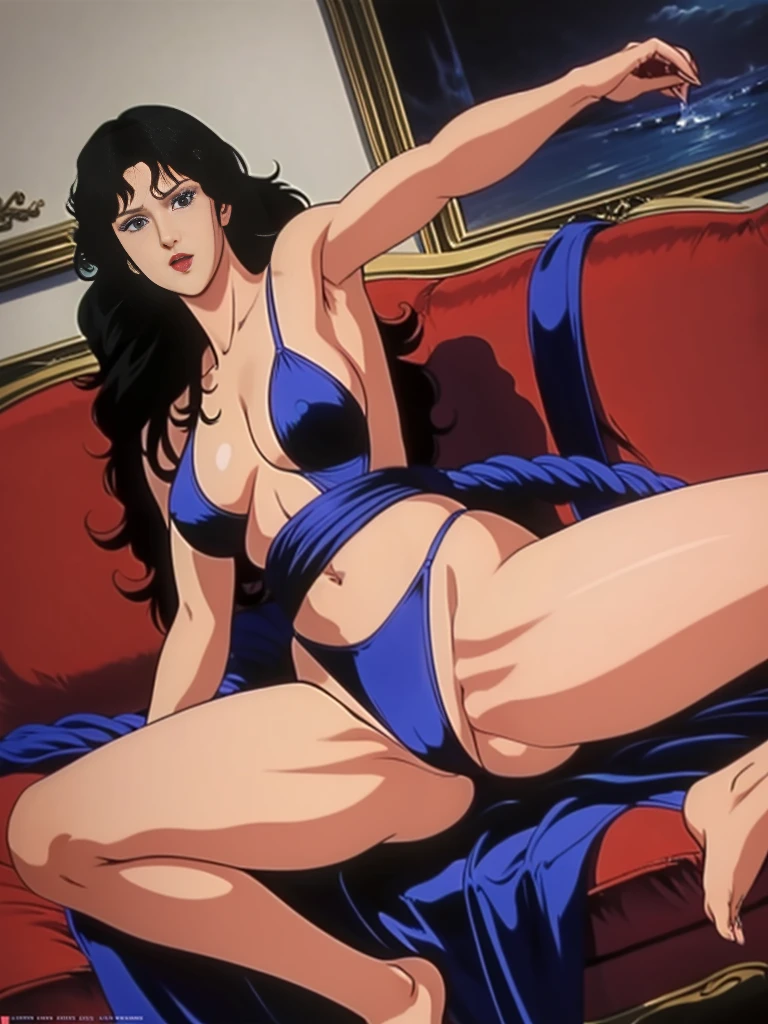 ((masterpiece)), Highest quality, Very detailed, Absurd, 8K, wonderful, Very detailed, The finer details, Browsing Caution, (Very complicated:1.2), (Very delicate), Very detailed, RuiKisugi, 1 Female, Long Hair, Wavy Hair,Voluminous Hair ,Black Hair, eyelash, blue eyes, lipstick, One girl, (whole body:1.2), (Finding_stance:1.3), Very detailed face, Nice fine detail, Perfect Eyes, Fascinating eyes, Beautiful attention to detail, Small Mouth, Fascinating_smile, Mature Woman, Mature Woman, Body with nine heads, thin, compensate, Big Breasts, (museum:1.3), (Urzan-6500-v1.1), Detailed fingers, Perfect hands, Length 180cm,Small face,sweating, Soft thighs,Sexy legs,Sexy ass, ,Cleavage,Open the chest,Angle from below,(Low angle shot:1.1),((Amazing orgasm)),赤いlipstick, whole body写真撮影,大きなSexy ass, Perfect Body Proportions, Slim waist,Nipples visible,Tight waist,(Long legs:1.2),Wearing high heels,Shiny skin,Sitting on sofa with legs spread,Black Micro Bikini、(Rope Bondage:1.3),((Both wrists tied above the head)),((Show both armpits)),((Spread your legs out to the sides)),((Raise both legs high)),((Spread your legs in a V-shape)),((Show the soles of your feet)),Tied up woman,Tied up with rope, Tightly bound, Hands tied, Her body was tied with ropes,(Fully expose your thighs to the viewer:1.6),Beautiful Hands, Pay attention to her beautiful legs, Cleavage,Open the chest,anime,G-Cup,Tears of the Next Life,Rui Kisugi,Rui Kisugi,
