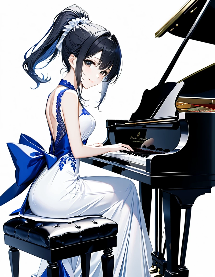 (((White background:1.5)))、(very wide shot)、(masterpiece、Ultra HD、Highest quality、Masterpiece、4K:1.2)、Slender body、Playing the piano,Idol,The elegant pianist、 Intricate details, Highly detailed fingers、Black hair ponytail、White elegant dress, Intricate details、Sitting in a chair、Staring at your fingertips、smile