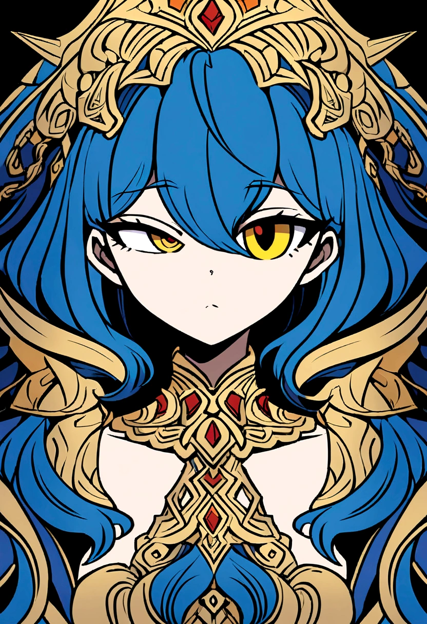 Blue medium length hair with golden eyes girl. Has a small eye linear with Helluva boss art style