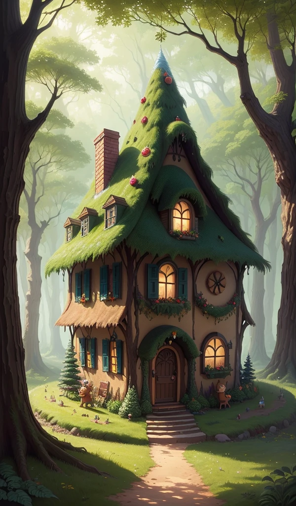 (anime, digital paint, gingerbread house nestled in a forest clearing, vibrant and colorful, astonished faces of the children, candy and sweets decorations, fairy tale setting, viewed from a low angle with trees framing the scene, inviting and magical ambiance)