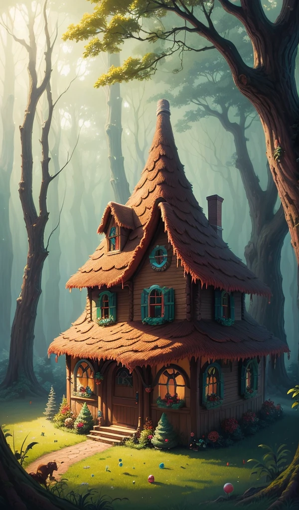 (anime, digital paint, gingerbread house nestled in a forest clearing, vibrant and colorful, astonished faces of the children, candy and sweets decorations, fairy tale setting, viewed from a low angle with trees framing the scene, inviting and magical ambiance)
