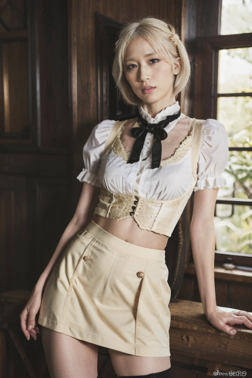 Girls, White hair, short hair, Yellow Eyed, Large Breasts, Cat hair ornaments, Side lock, White hair, Shiny hair, , (Golden Eyes: 1.2), (There are two long triangle extensions on the skirt, Abdominal vest), White buttons for vest corset, (Wear a short-sleeved striped shirt under the vest), (The sleeves end close to the arms), (There is a thick black ribbon around the neck), ( Magenta skirt),( Beautiful long legs),