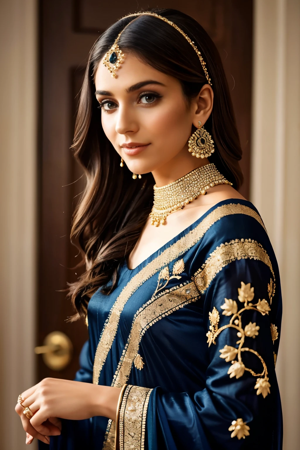 In this portrait photo, a beautiful 20-year-old female Instagram model exudes grace and elegance. She is fully dressed in a pinkblack intricate saree, a traditional desi ensemble that showcases rich cultural heritage. The Sharara Suit features a detailed and ornate design, with exquisite embroidery and embellishments that highlight the craftsmanship.
The model is bathed in soft, flattering lighting, with a rim light that outlines her figure and a key light that illuminates her face, emphasizing her delicate features and radiant complexion. The background is light, creating a subtle contrast that allows her vibrant attire to stand out.
Her pose is poised and confident, capturing the essence of a modern yet traditional beauty. This portrait not only highlights the model's stunning appearance but also the intricate details of her attire, making it a captivating and visually appealing image suitable for social media and fashion showcases.
